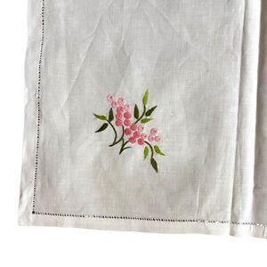 White cotton blend bridge cloth tablecloth table topper pink embroidery flowers